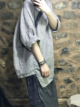 Simple Plaid Half Sleeves Flax Blouse Top